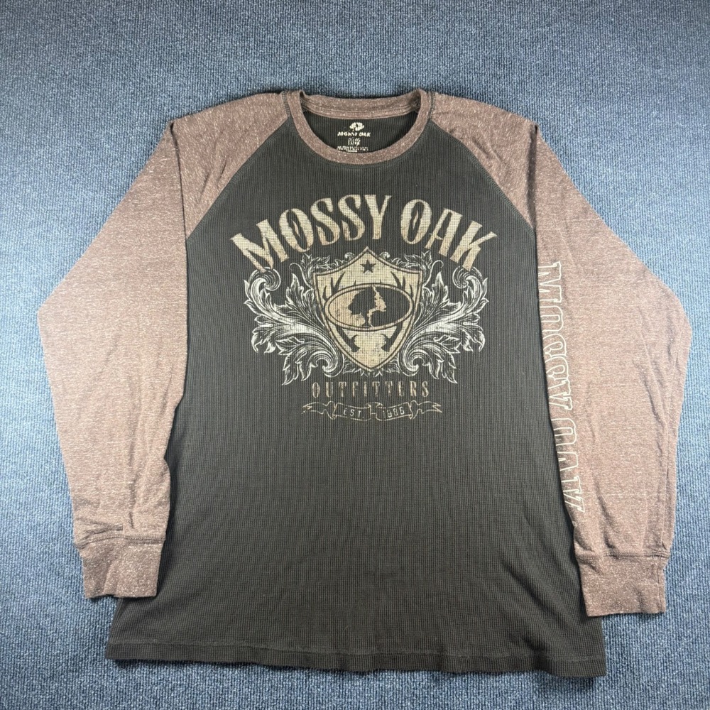 Mossy Oak Thermal Raglan Shirt Mens XL (23.5" Chest) Charcoal Brown Waffle
